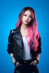 Young pretty Asian woman with glitter make-up wearing sporty fashion, white clothes, model posing isolated on a colorful modern pink and blue background, k-pop style