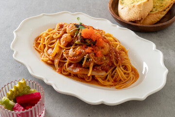 Korean food dish Gamberoni, Seafood Tomato, Shrimp Proje Pasta, Vanecream Pasta, Garage