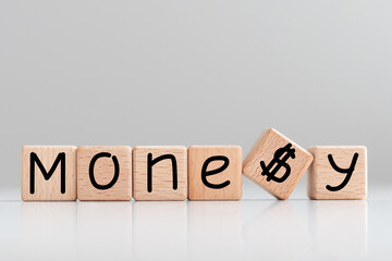 Word MONEY is made of wooden building blocks lying on the table and on a light background.