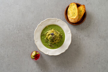 Korean food dish Spinach, bulgogi, pasta, chicken breast salad, French fries, spicy earthen pot pasta