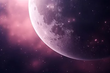 Zelfklevend Fotobehang Close up photo of colorful purple pink moon, planet from outer space on a dark space background. Aesthetic, cute, beautiful, stunning picture. Fantasy background, phone, computer wallpaper. © Vladislava