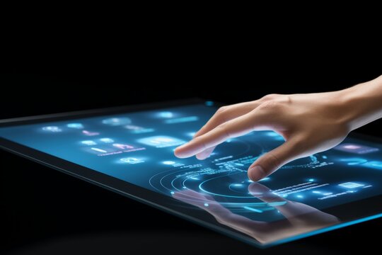 User's hands interacting with a futuristic, technological, holographic, light blue augmented reality user interface (UI) to bring artificial intelligence abilities in his daily life, a close-up high
