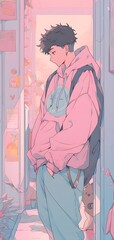 Guy at sunset Anime style character art illustration. pastel colors pink, abstract, dreamy Aesthetic, cute, beautiful, stunning picture. Fantasy background, phone, computer wallpaper.