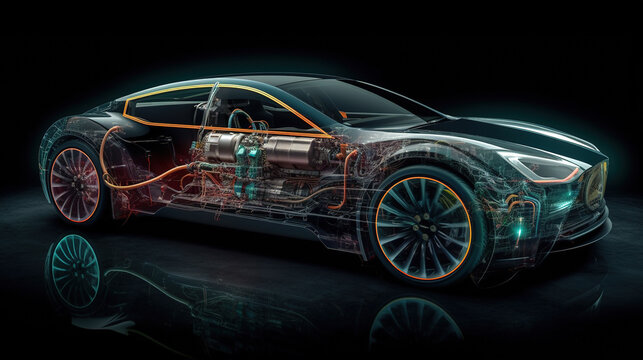 Illustration of a cross section of an electric car, with cables, motors and electrical elements on a dark background. Generative AI