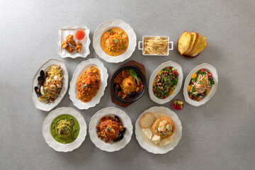 Korean food dish Spinach, bulgogi, pasta, chicken breast salad, French fries, spicy earthen pot pasta