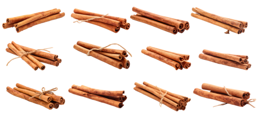 Fresh organic delicious cinnamon stick set isolated on transparent background. Cinnamon stick png bundle