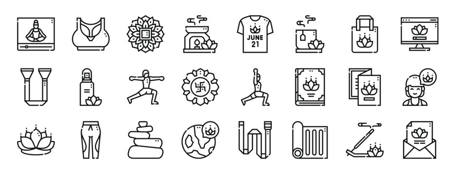 Set Of 24 Outline Web International Day Of Icons Such As Yoga, Sport Bra, Mandala, Burner, International Day Of Yoga, Tea, Tote Bag Vector Icons For Report, Presentation, Diagram, Web Design, Mobile