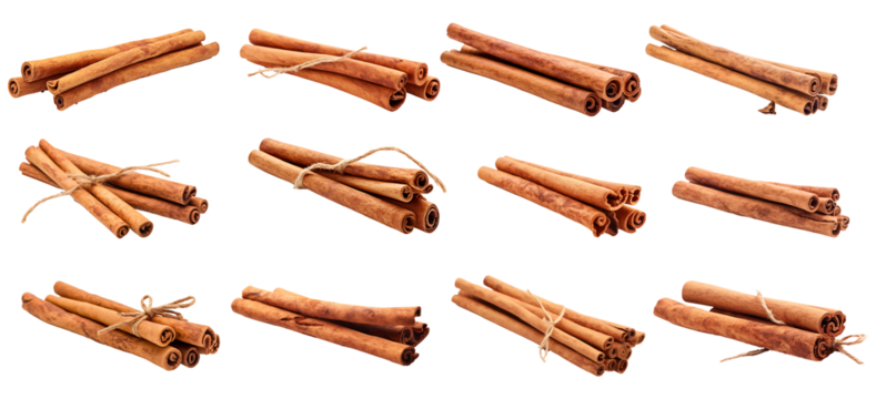 Fresh organic delicious cinnamon stick set isolated on transparent background. Cinnamon stick png bundle