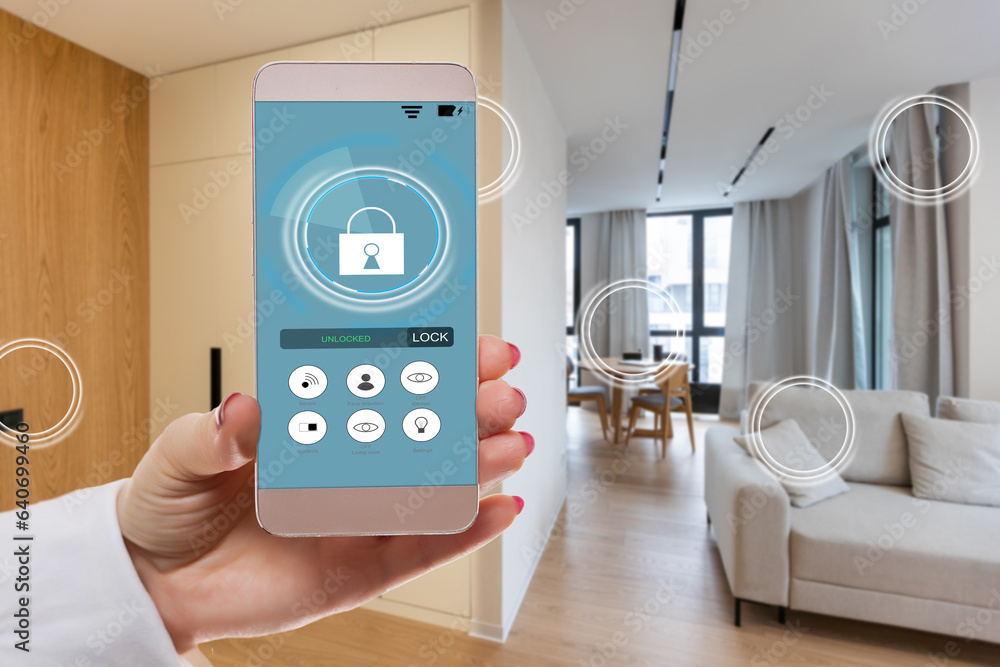 Aufkleber smart home technology interface on smartphone app screen with augmented reality (ar) view of interne