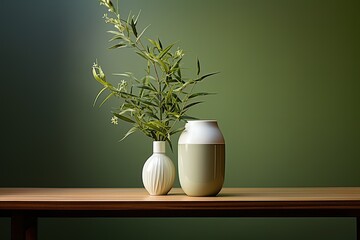 Ceramic vase and vase on wooden table with green background. Copy space. 
