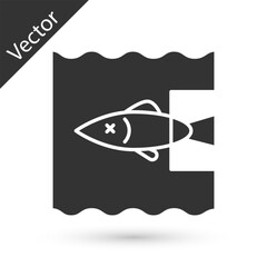 Grey Stop ocean plastic pollution icon isolated on white background. Environment protection concept. Fish say no to plastic. Vector Illustration