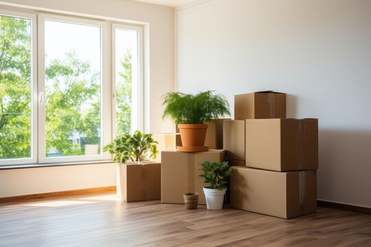 Move. Cardboard boxes and cleaning things for moving into a new home or apartment. Generative AI
