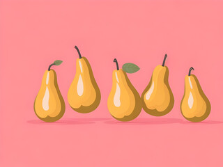 Five yellow pears on pink background. Mockup, copy space