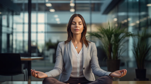Young businesswoman does yoga at work in the office. Created with Generative AI technology.