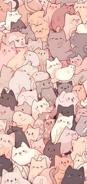 Cute Kawaii Cats or kittens in funny poses - isolated vector. Funny cartoon fat cats for wallpaper on a mobile phone, design. Adorable kawaii animals, pastel colors