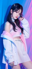 Young pretty Asian woman with glitter make-up wearing sporty fashion, white clothes, model posing isolated on a colorful modern pink and blue background, k-pop style