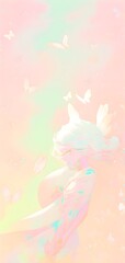 Fototapeta na wymiar Ethereal anime elf, fairy fantasy character art illustration. pastel, neon colors pink, dreamy, butterflies Aesthetic, cute, beautiful, stunning. Fantasy background, phone computer wallpaper copysace
