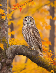 Autumn-in-nature-with-owl.-Ural-Owl,-Strix-uralensis,-sitting-on-tree-branch-with-orange-leaves-in-oak-forest,-Norway.-Wildlife-scene-from-nature.