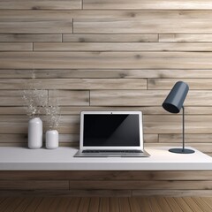 Modern Workspace: Laptop on Wooden Desk with Contemporary Wall Background, generative AI