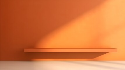 Empty Room in orange Colors with Shadows on the Wall. Minimal Podium for Product Presentation.
