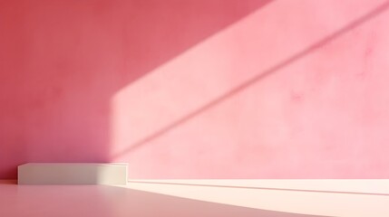 Empty Room in pink Colors with Shadows on the Wall. Minimal Podium for Product Presentation.
