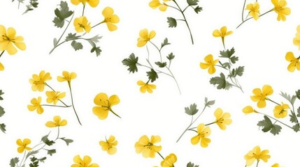 Seamless pattern of mustard flowers on white background. Beautiful yellow spring flowers. Generative AI - obrazy, fototapety, plakaty
