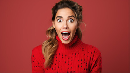 Young woman wearing casual clothes shocked with surprise and amazed expression on red background