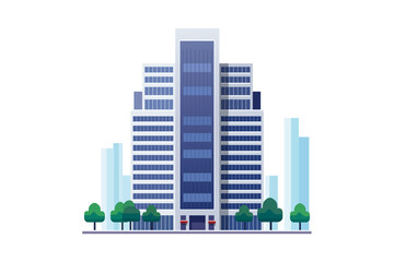 Obraz premium Building. Large multi-storey office building. The building of the business center with trees on the background of the metropolis.