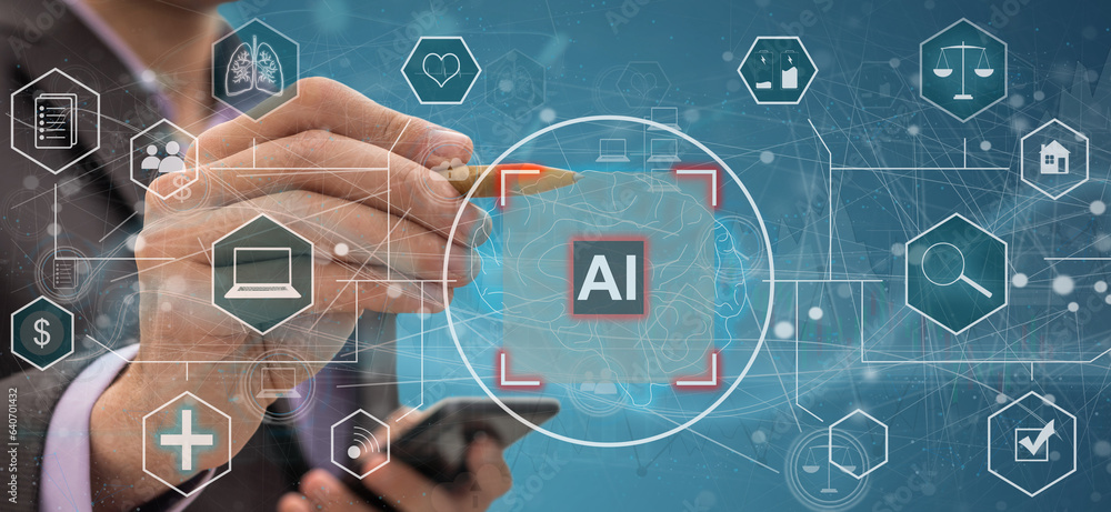 Poster ai icon on hand represents the machine learning control. virtual icons represent exchange of artific