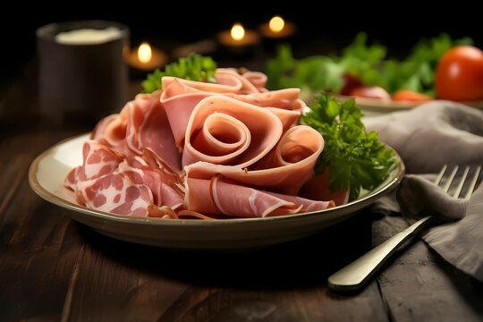 Mortadella sliced in the bowl on wooden table . Bologna sausage.