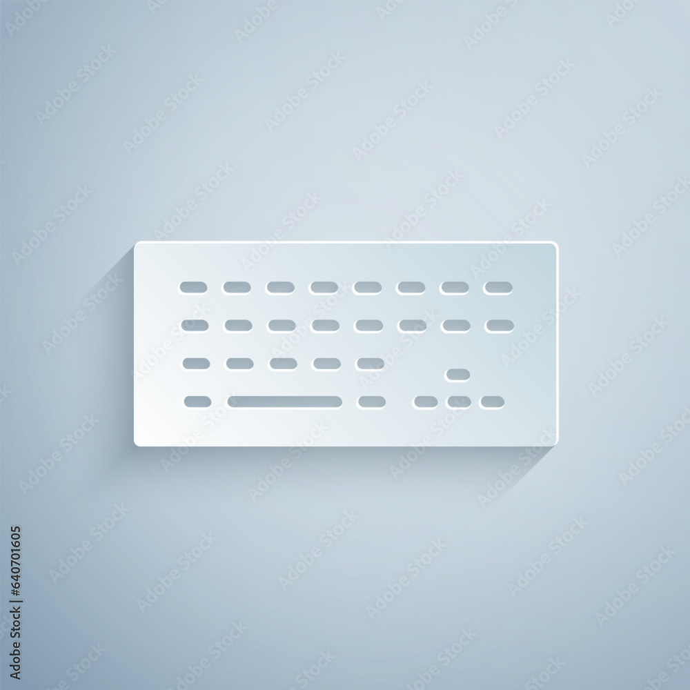 Poster paper cut computer keyboard icon isolated on grey background. pc component sign. paper art style. ve