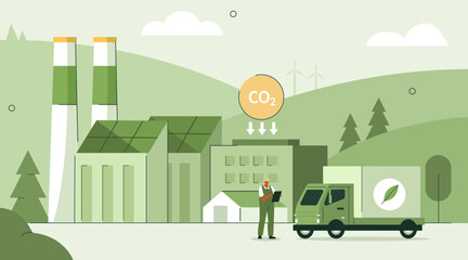 Sustainable factory concept. Character working in sustainable energy production industry using green energy technology to reduce CO2 emissions and  its impact on the climate. Vector illustration. - 640701844