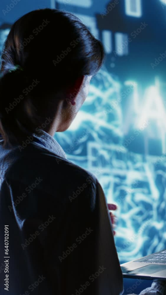 Poster vertical video certified admin writing artificial intelligence script code in startup workspace on l