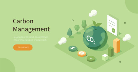 Sustainability isometric concept. Co2 emission impact reduction through carbon management and taxes. Low carbon and environmental responsibility. Vector illustration. - obrazy, fototapety, plakaty
