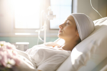 Cancer patient resting on bed In Hospital,woman with a headscarf and eyes closed at morning time she is battling Cancer - obrazy, fototapety, plakaty