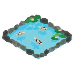 isometric pond lined with stones with carps and water lilies in Japanese style. Open illustration isolated on white background.
