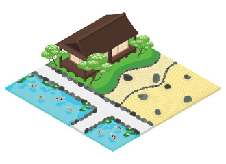 Fototapeta na wymiar Isometric house in traditional Japanese style with zen garden and carp pond.Vector illustration isolated on white background.