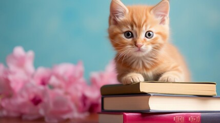 A ginger kitten with a playful expression perched atop a stack of pastel books with space for text, against a soft coral background, offering a harmonious setting for adding text. AI generated.