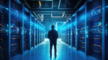 Back view of businessman standing in futuristic server room with binary code