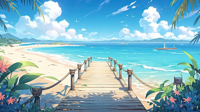 anime illustration wooden pier to an island and beautiful beach, blue sky and tropical landscape background, concept for summer travel and vacation.