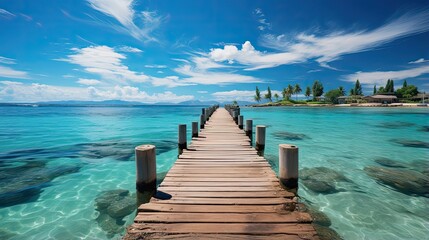 Wooden pier to an island and beautiful beach, blue sky and tropical landscape background, concept for summer travel and vacation.
