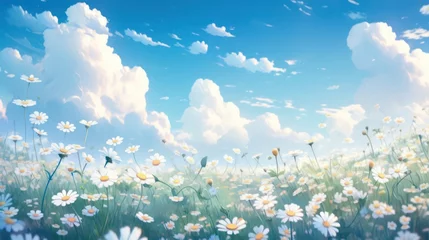 Photo sur Plexiglas Prairie, marais Anime illustration of beautiful field meadow flowers chamomile as a nature landscape background.