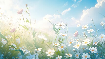 Anime illustration of beautiful field meadow flowers chamomile as a nature landscape background.
