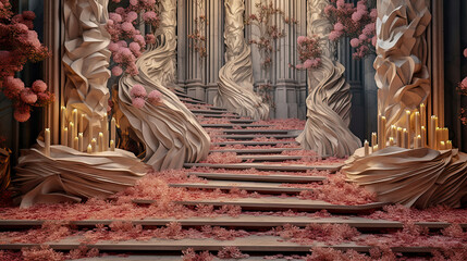 Wood carved staircase and stage backdrop for wedding and maternity photography - obrazy, fototapety, plakaty