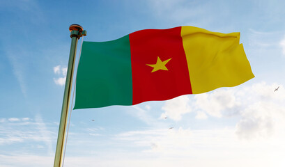 Cameroon flag. 3D realistic waving flag background. Flag of cameroon flag waving in the wind, sky and sun background.