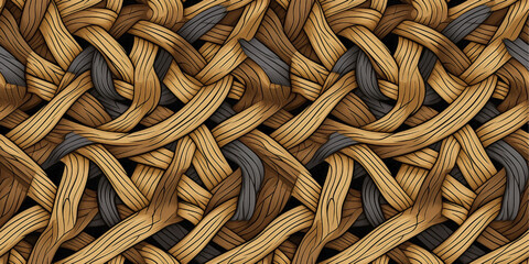 Composition of interwoven textile ropes. Intertwined natural elements forming a seamless surface pattern. Concept of crossed threads forming a network. - obrazy, fototapety, plakaty