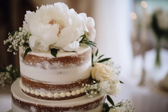 Wedding Cake: Naked Cake With Fresh White Peonies Close Up, Spring/summer Wedding