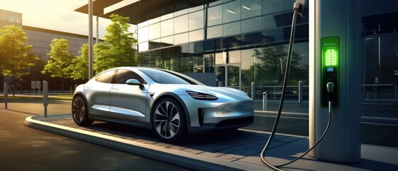 Modern fast electric vehicle chargers station in city, Generative AI