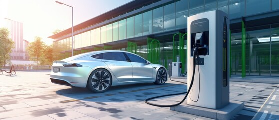 Modern fast electric vehicle chargers station in city, Generative AI