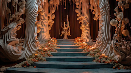 Wood carved staircase and stage backdrop for wedding and maternity photography